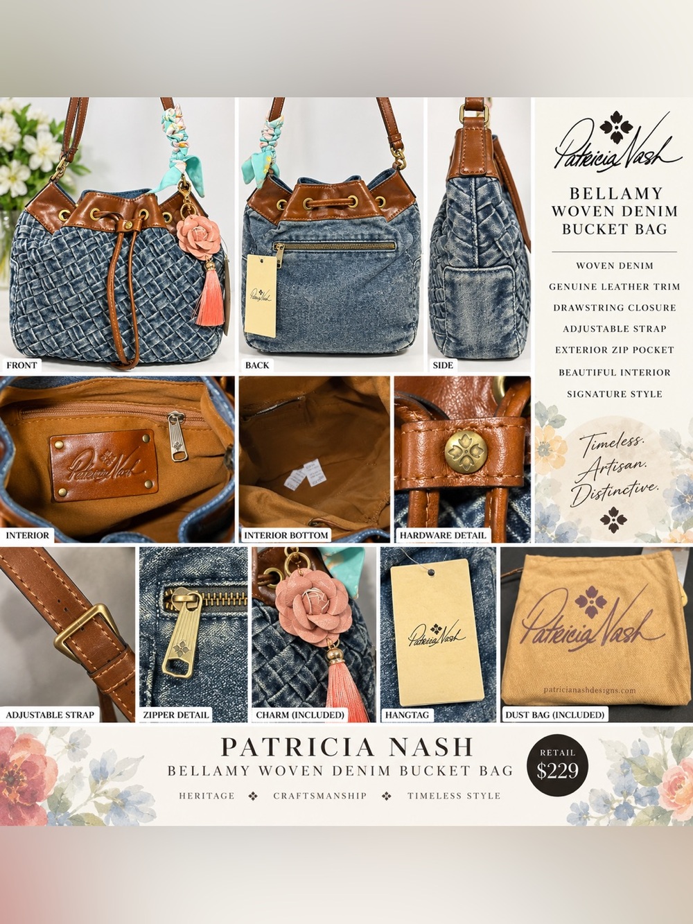 Patricia Nash Bellamy Woven Denim Bucket Bag - Blue with Brown Trim NWT